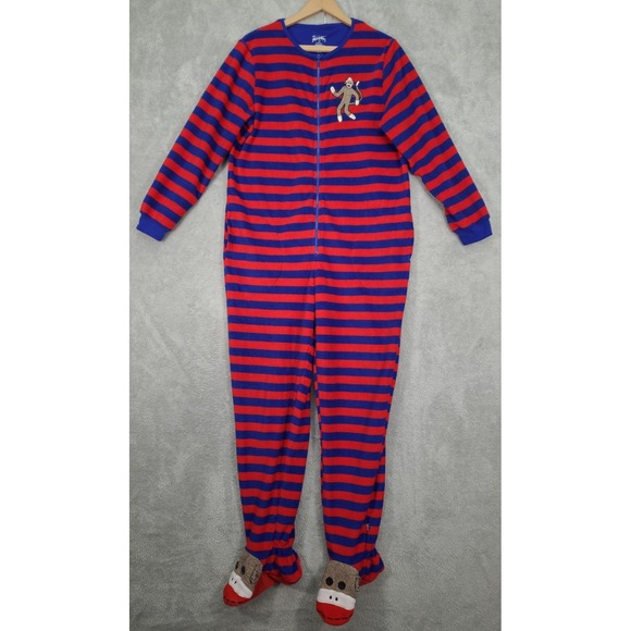 Nick & Nora Adult One Piece Footed Pajamas Sock Monkey Red Stripes Zip Up M‎ - Picture 1 of 13